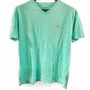 Polo Ralph Lauren Men’s Mint Green w/ Pink Logo V-neck T-shirt Size Medium